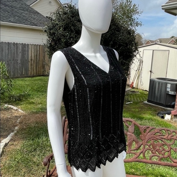 💋Papell Evening Black Beaded Sequined Luxury Camisole - Picture 4 of 15